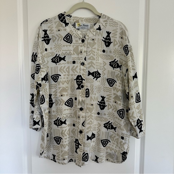 Vintage Two Potato Laguna Beach Men’s Shirt Band Collar Fish Ethnic Print Size L - Picture 1 of 11